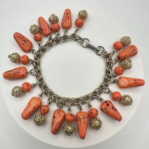 Vintage gold tone faux red coral art glass filigree charms chain link bracelet